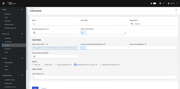 The Project page of Ansible Automation Platform.