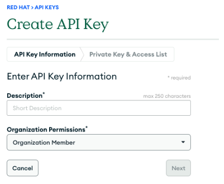 The Create API key screen in Red Hat.