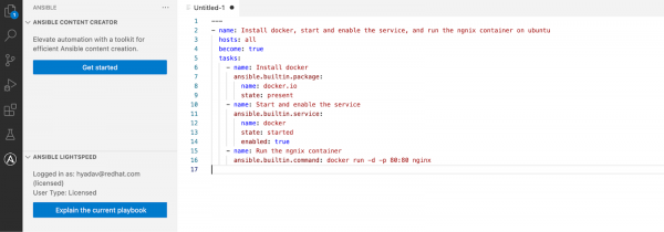 Explain the existing playbooks with Ansible Lightspeed.