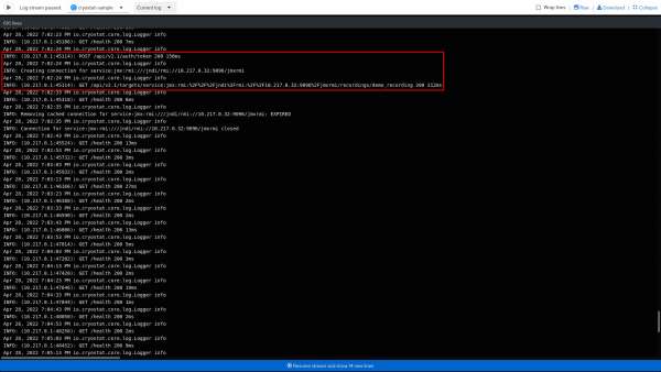 The main Cryostat container logs with the HTTP requests comprising the web client recording download workflow highlighted. There is a POST request to generate the JWT token and a subsequent GET request using the token-associated URL returned by the POST request to retrieve the actual recording file.