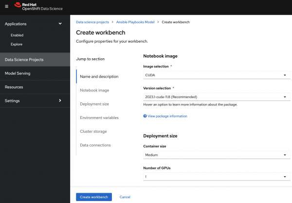 The Create workbench page, with notebook image and version selection, container size, and number of GPUs