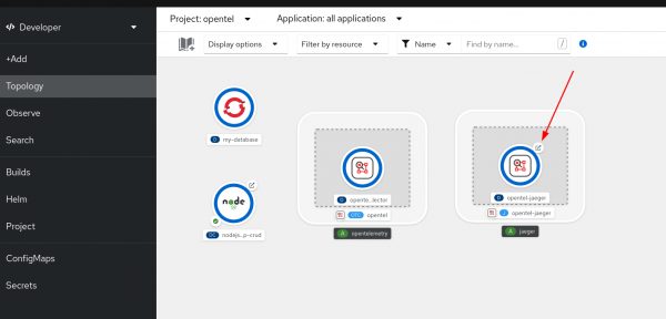 An arrow points to the Jaeger link icon in the topology view.