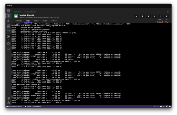 Logs from a container using CPU Inference