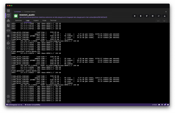 Logs from a container using GPU-based inference.