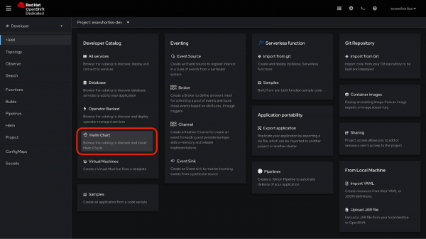 Finding the Helm Chart item in the Add menu of the OpenShift Console.