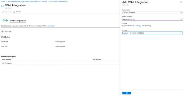 The form to add a virtual network to web app via the Add VNet Integration form.