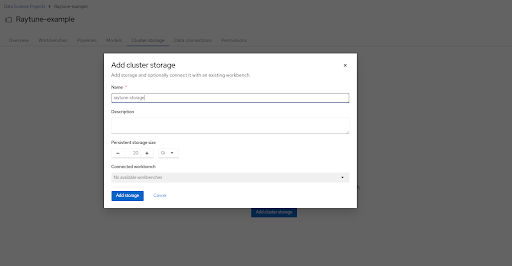 Image showing example input for "Add cluster storage" section