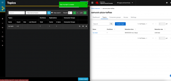 Topic in the AKHQ console and the OpenShift Streams console.