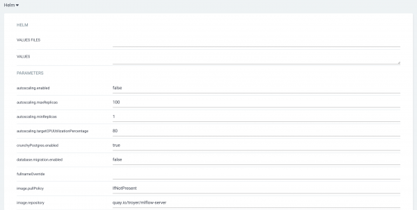 A screenshot of the Argo CD Helm parameters configuration form.