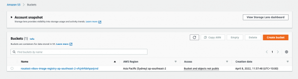 The Buckets screen of Amazon S3, showing available buckets.