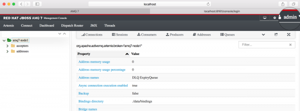 Accessing the AMQ 7 Management Console with the default Admin user