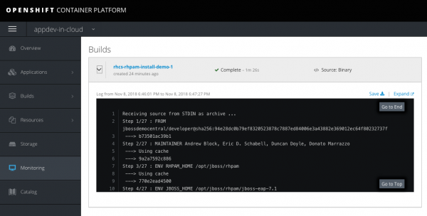 Watch the container building live on OpenShift Container Platform