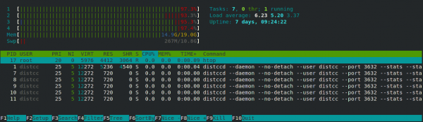 Bildschirmfoto von - Running htop inside the localdistcc container shows