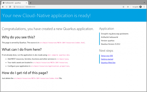 The Quarkus dev landing page.