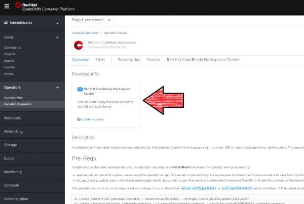 A screenshot of the option to create a new CodeReady Workspaces cluster.