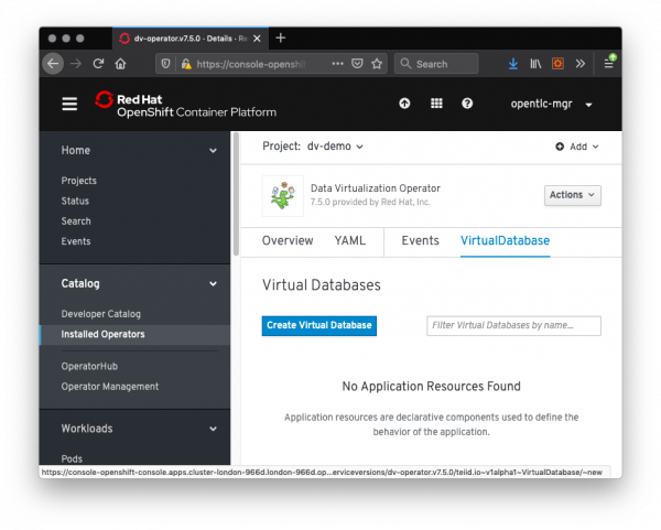 OpenShift's Catalog -&gt; Install Operators dialog box.