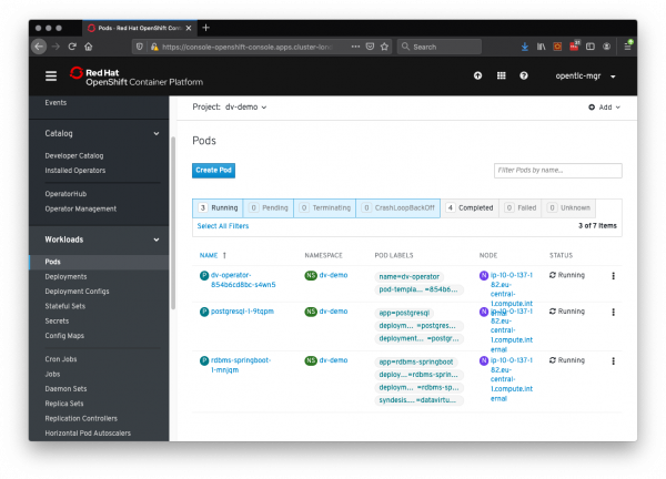 The dv-operator, postgresql, and rdbms-springboot pods all running in the dv-demo namespace