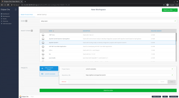 The Eclipse Che workspace creation page.