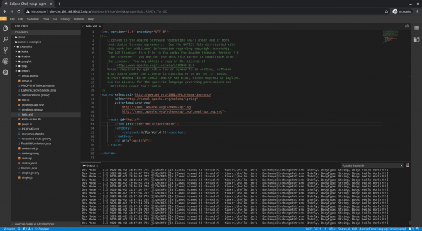 Eclipse Che showing the Apache Camel K output log.