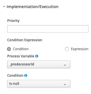 jBPM Implementation/Execution section for a null gateway.