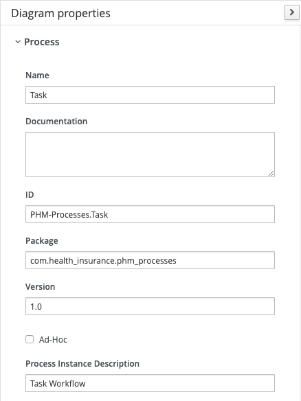 jBPM Diagram properties section, Process subsection