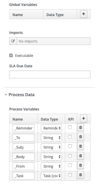 jBPM section defining the global and process variables for this subprocess