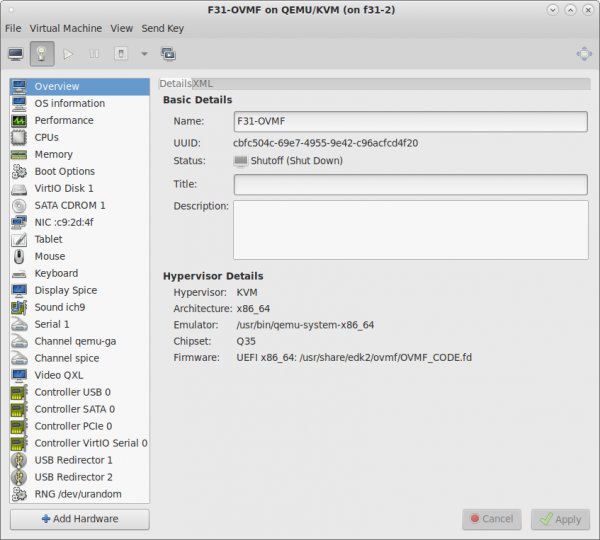 Virt-manager window showing the hardware details for VM F31-OVMF