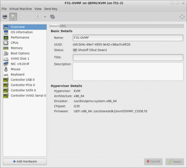 VM hardware configuration