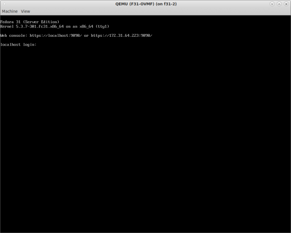 virt-manager window reaching the VM's login