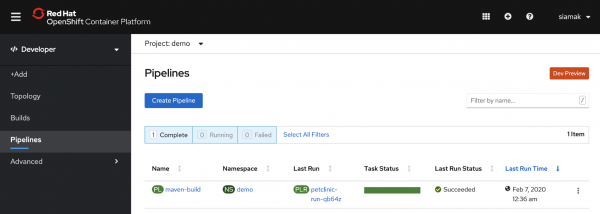 Red Hat OpenShift Container Platform -&gt; Developer -&gt; Pipelines screenshot