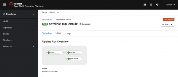 Red Hat OpenShift Container Platform -&gt; Developer -&gt; Pipelines -&gt; Pipeline Runs -&gt; Pipeline Run Details