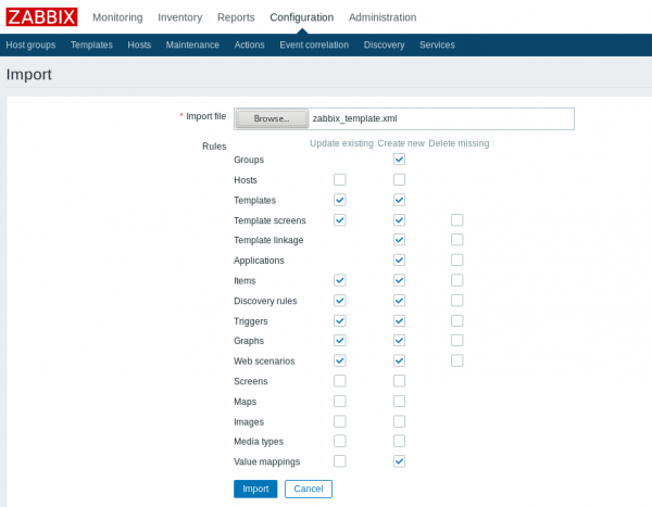 The Zabbix Import screen.