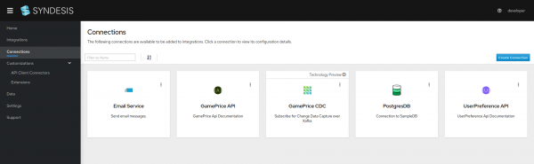 A screenshot of available microservices in the Syndesis integration dashboard.