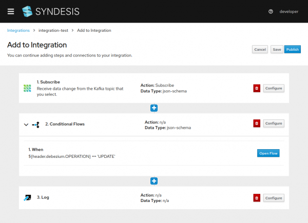 A screenshot of the Syndesis screen for adding new steps and connections to the integration pipeline.