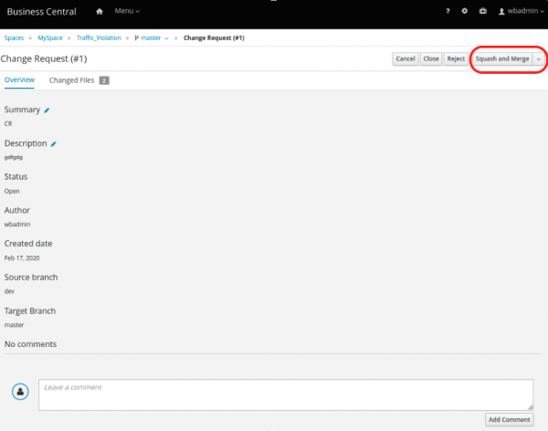 Business Central change request screen with new Squash and Merge button