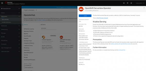 A screenshot of the OperatorHub and OpenShiff