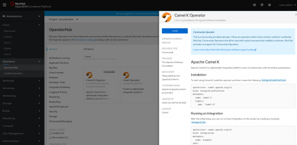A screenshot of the Camel K operator in the OperatorHub.