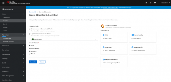 A screenshot of options to configure a new operator namespace.