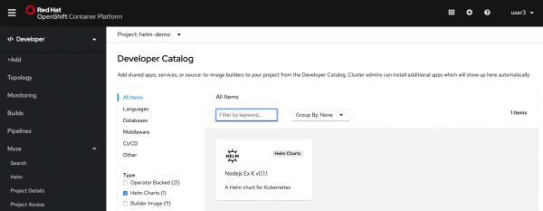 Developer Catalog with the Helm Charts Type selected and a Helm Chart displayed