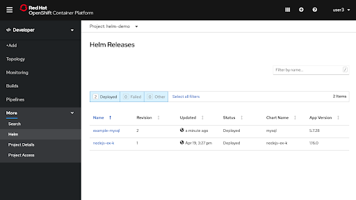 More -&gt; Helm with Helm Releases displayed