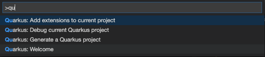 CodeReady Workspaces 2.1 Red Hat VS Code Quarkus plug-in with &quot;qu&quot; typed at the prompt to show the options that start with &quot;Qu.&quot;