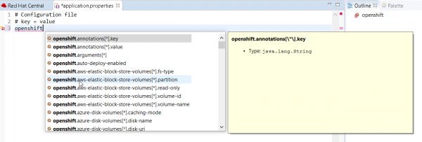 openshift.properties completion, hover and documentation example