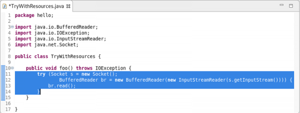 Selected code block with try-with-resources automatically added to the code