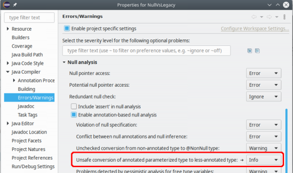 Dialog showing toggle to enable or disable NullPointerException as a compile-time error