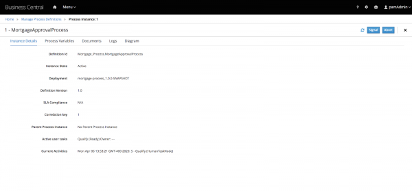The MortgageApprovalProcess in the Process Instance perspective