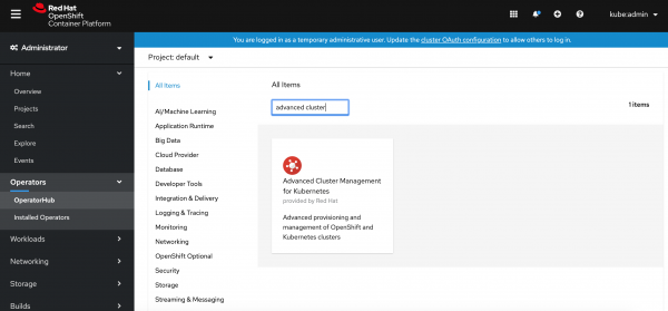 A screenshot showing Advanced Cluster Management for Kubernetes as a search result.