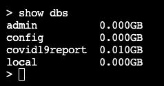 A screenshot showing a list of databases, including covid19report.