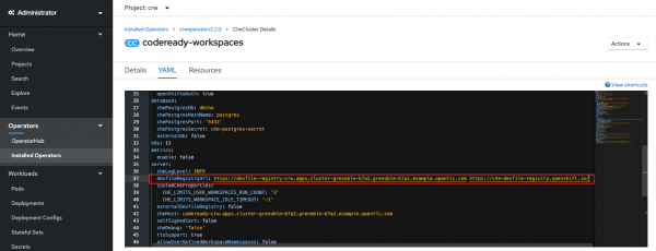 A screenshot of the devfile registry in the CodeReady Workspaces cluster.