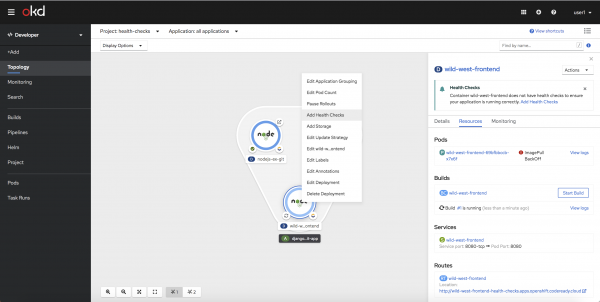 A screenshot of the Topology view showing options to add a health check in the application context.