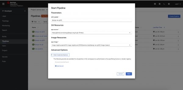 A screenshot of the new pipeline credentials feature in the web console.